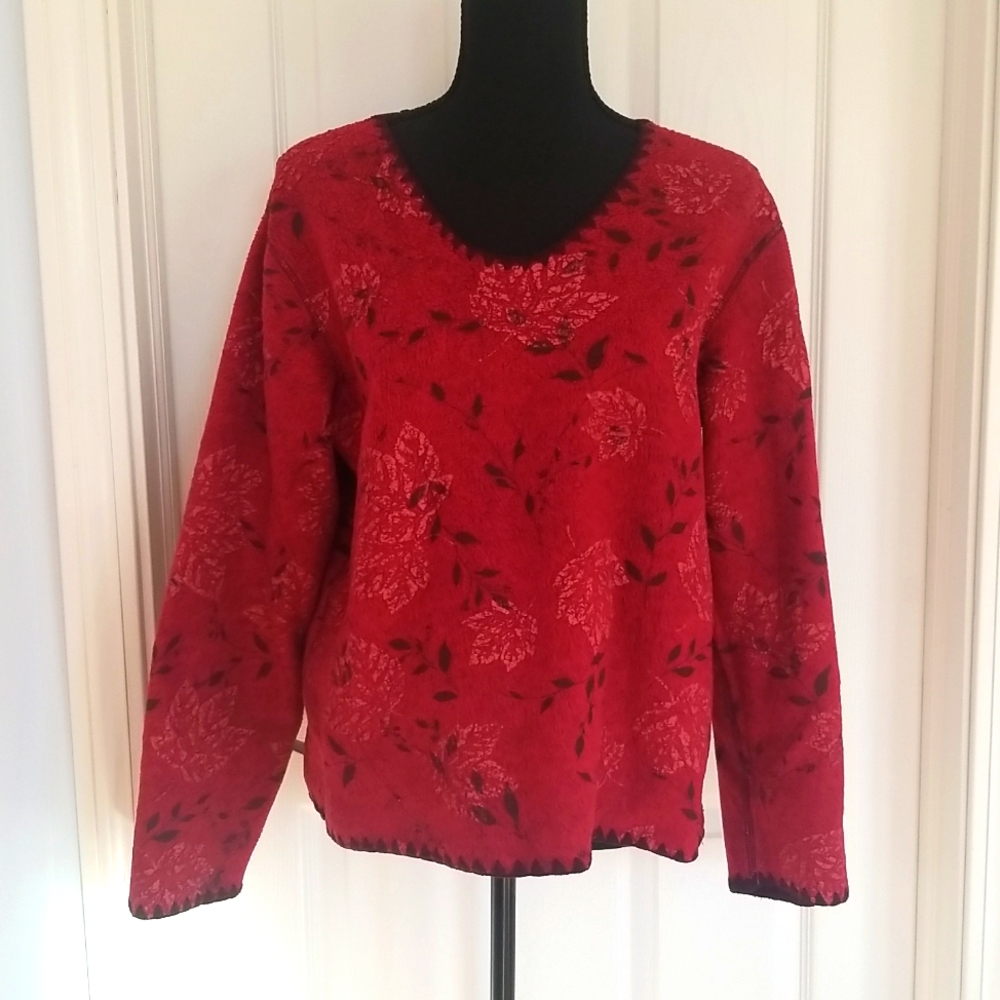 Reversible Coldwater Creek v-neck fleece leaves medium burgundy